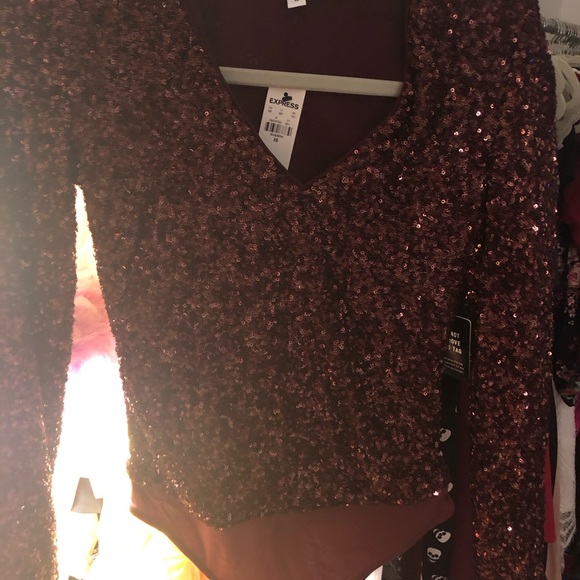 express blouse one piece sequin womens long sleeve xs burgundy - Picture 1 of 6
